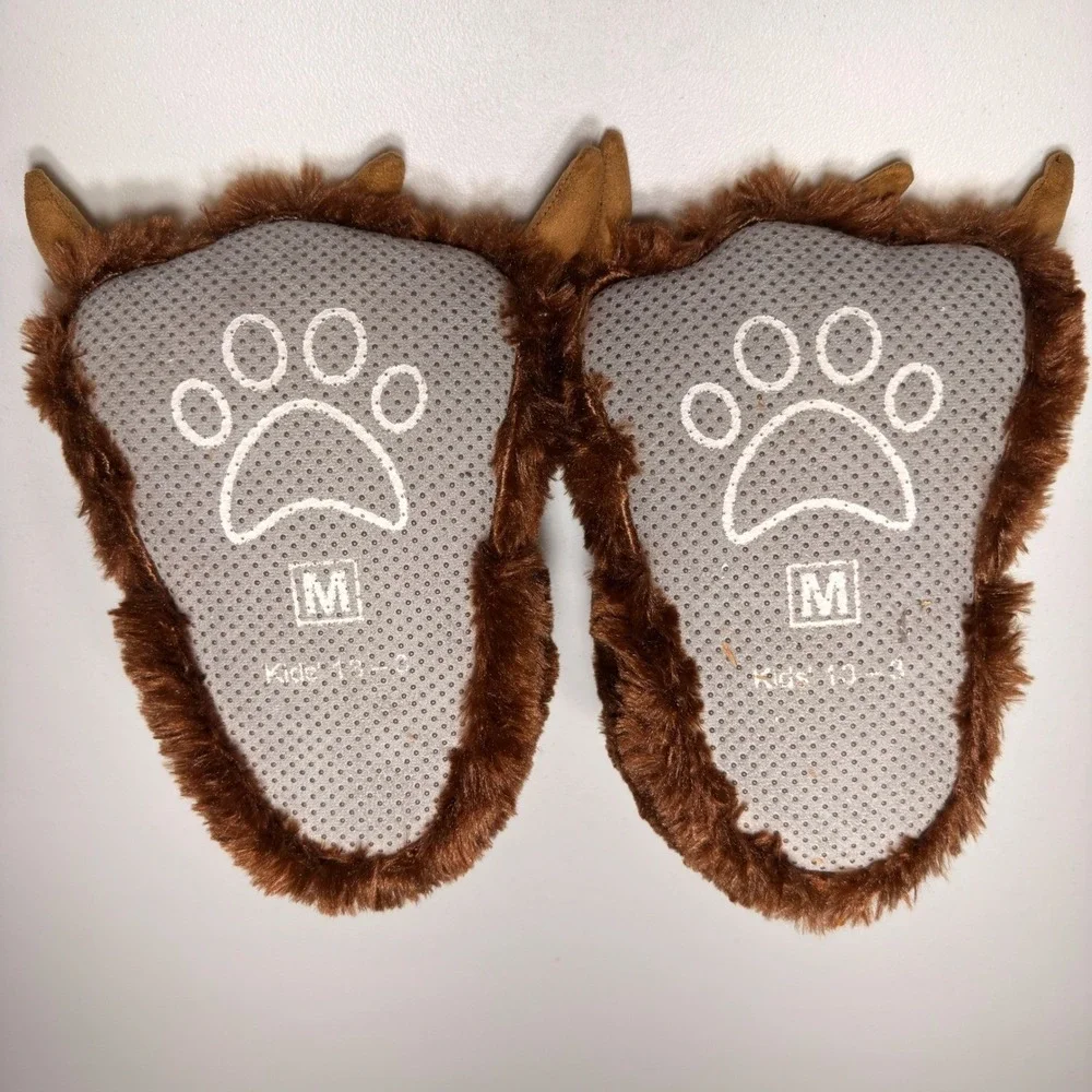 Millffy Brown Bear Paw Slippers Kids 13-3 Monster Claw Plush Fuzzy Non-Slip M